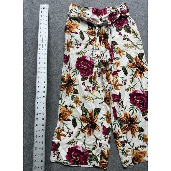 Joie Pants Womens 4 Pink White Floral Linen Blend Wide Leg Paperbag Waist Crop - Picture 5 of 14